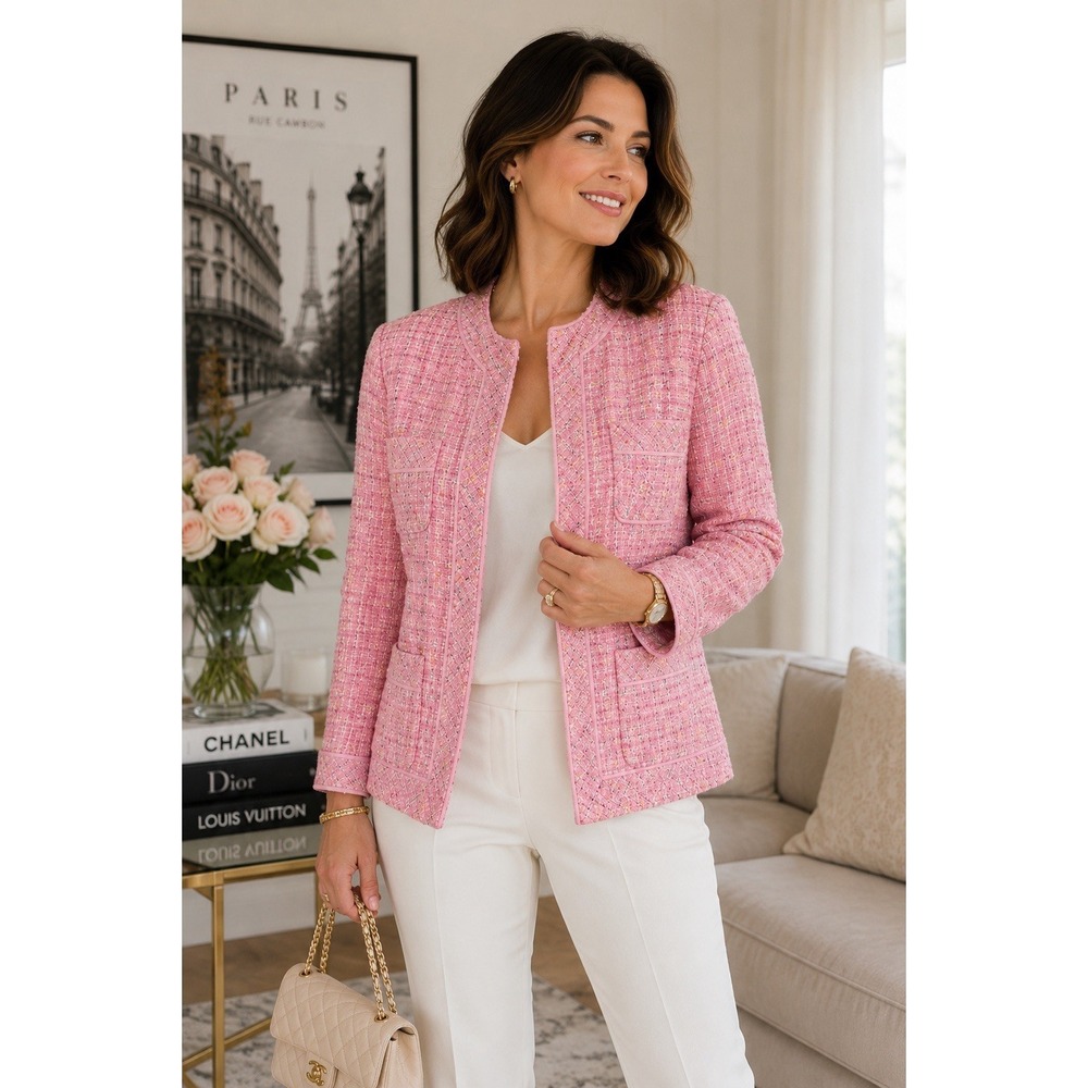 Carole Little Pink Bouclé Tweed Jacket Women's Large Silk Blend Career